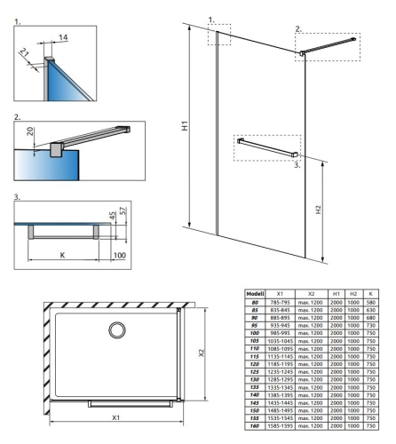 Radaway Modo New II 90 Walk-in zuhanyfal törölközőtartóval, szálcsiszolt fegyvermetál 389094-92-01W