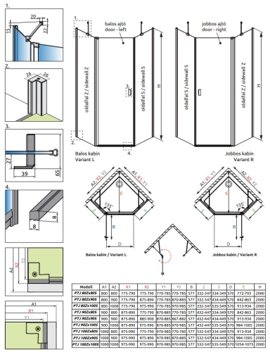 Radaway Nes PTJ 100×80 cm jobbos szögletes zuhanykabin, króm 10052000-01-01R, 10052200-01-01