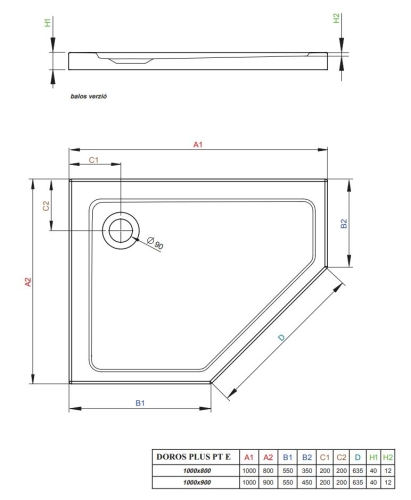Radaway Doros PT E 100x80 cm balos szögletes zuhanytálca, fehér SDRPT1080-01L