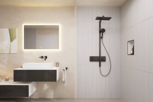 Hansgrohe Raindance Alive Q Showerpipe 210/340 2jet termosztátos zuhanyrendszer, szálcsiszolt fekete króm 24590340