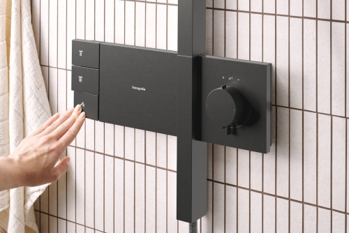 Hansgrohe Raindance Alive Q Showerpipe 210/340 2jet termosztátos zuhanyrendszer, szálcsiszolt fekete króm 24590340