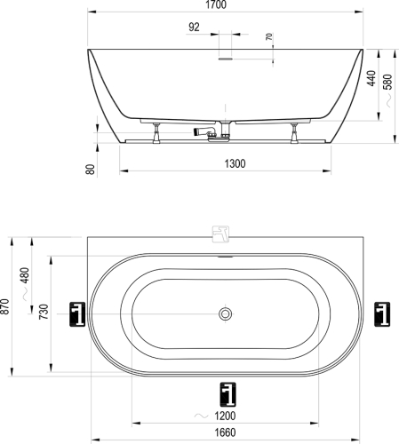Ravak Freedom Wall Tec 170x87 cm akrilkád, fehér, fehér lefolyó CE31A00000