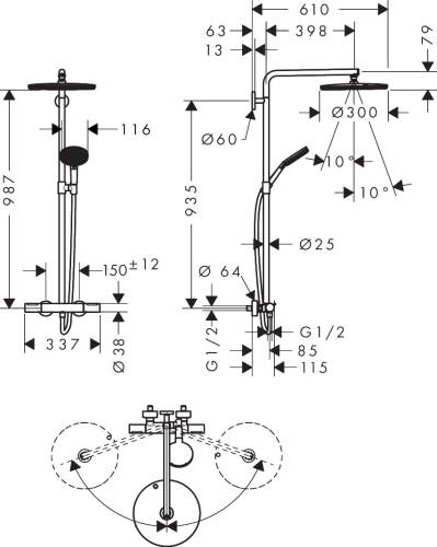 Hansgrohe Raindance Alive S Puro Showerpipe Ecostat Element 300 1jet termosztátos zuhanyrendszer, szálcsiszolt bronz 24593140