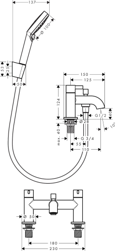 Hansgrohe Zesis S peremre szerelhető kádcsaptelep zuhanyszettel, króm 74424000