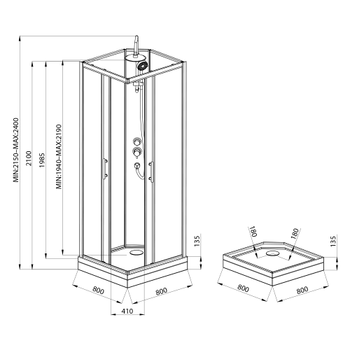 Sapho AQUALINE GRANVIK 80x80 cm hátfalas zuhanykabin transzparent üveg, fekete/króm GG80X80