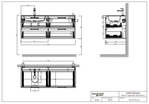 Marmy CODE 120x46x50 BALOS függesztett alsószekrény, 4 fiók, laminált (mosdó nélkül) Brown Oak 20 40 24 12 13 86