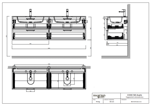 Marmy CODE 160x46x50 DUPLA függesztett alsószekrény, 4 fiók, laminált (mosdó nélkül) Brown Oak 20 40 24 16 00 86