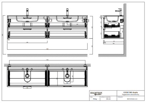 Marmy CODE 180x46x50 DUPLA függesztett alsószekrény, 4 fiók, laminált (mosdó nélkül) Brown Oak 20 40 24 18 00 86