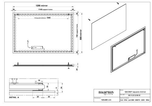 Marmy SECRET tükör 120 cm x 80 cm  (LED 6000k, körbe hangulatvilágítás) 90 11 23 12 80 01
