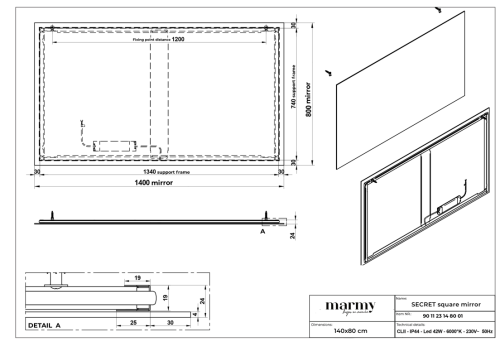 Marmy SECRET tükör 140 cm x 80 cm  (LED 6000k, körbe hangulatvilágítás) 90 11 23 14 80 01