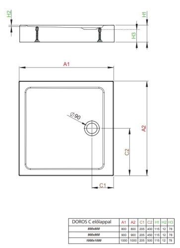 Radaway Doros Stone C 90x90 cm zuhanytálca előlappal, fekete SDRC9090-05-54S