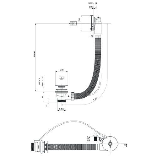 Sapho Polysan kád le- és túlfolyó, kádtöltővel, bovdenes, 600mm, átm.:72mm, matt fekete 71851.21