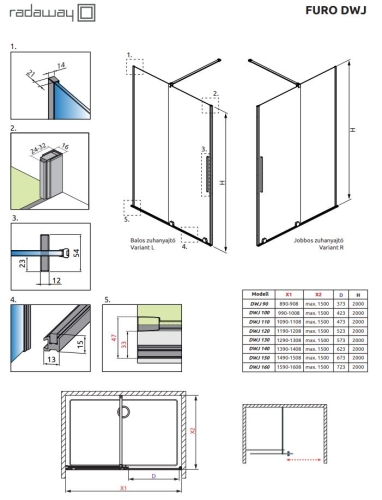 Radaway Furo DWJ 140 cm jobbos zuhanyajtó, króm 10107722-01-01R, 10110680-01-01