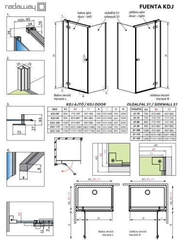 Radaway Fuenta KDJ S1 90 cm oldalfal, króm 1384050-01-01