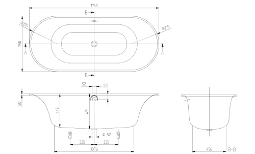 Villeroy & Boch Cetus beépíthető ovális fürdőkád 175x75 cm, fehér UBQ175CEU7V-01