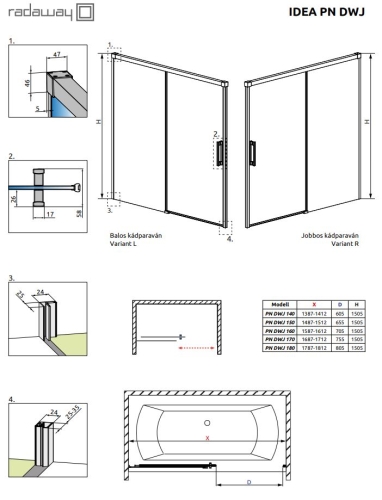 Radaway Idea PN DWJ 150 cm jobbos kádparaván, króm 10003150-01-01R