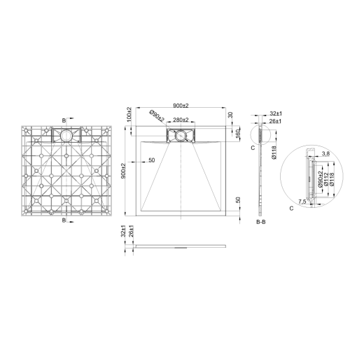 Invena ALVERO zuhanytálca SMC 90x90 cm, fekete AK-7C-909-H