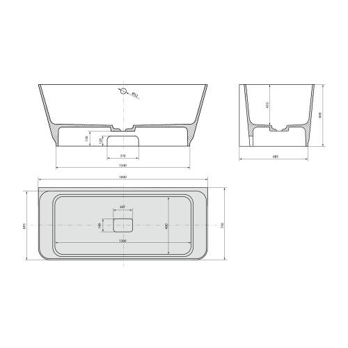 Sapho POLYSAN SKYLLA 169x75 cm szabadon álló öntöttmárvány kád, fehér/matt szürke 72430.32