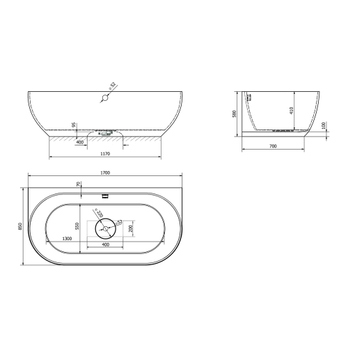 Sapho POLYSAN PAGODA 170x85 cm szabadon álló kád, fehér/matt szürke 72976.32