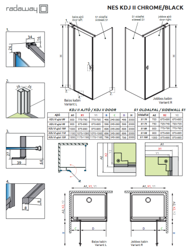 Radaway Brushed Nickel Nes KDJ II 90 B szögletes zuhanykabin ajtó 90 cm, szálcsiszolt króm 10032090-91-01L