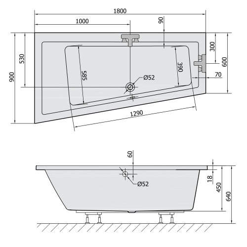 Sapho POLYSAN ANDRA SLIM 180x90 cm balos aszimmetrikus kád, fehér 72872S