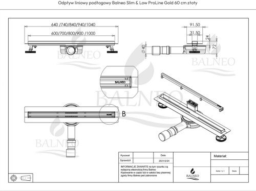 Balneo Slim & Low ProLine Gold 70 cm zuhanyfolyóka, fényes arany A0401080201-2