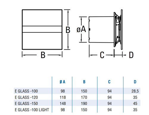 Cata E-120GTH BK ventilátor üveg előlappal, utószellőztető és páraérzékelő funkcióval, fekete 00901602