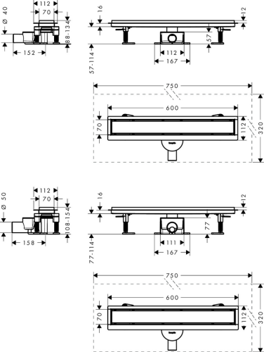 Hansgrohe RainDrain Go komplett zuhanylefolyó készlet 600 csempézhető hátlap standard/sík beépítéshez, matt fekete 56271670