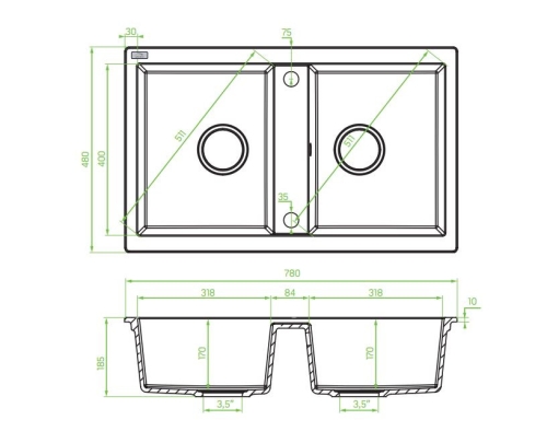 Laveo BARBADOS kétmedencés gránit mosogató, matt fekete SRB_720B