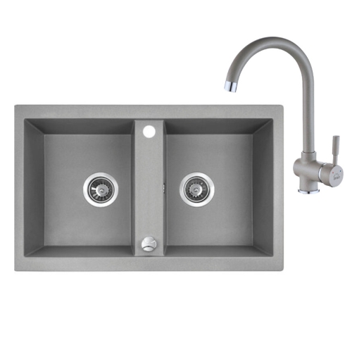 Laveo BARBADOS kétmedencés gránit mosogató csapteleppel szett, szürke SRBA_520T