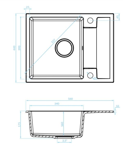 Laveo RIO MINI gránit mosogató csapteleppel, 56x44x17,5 cm fekete SBF_713RL