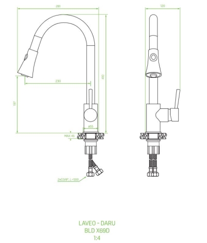 Laveo DARU kihúzható zuhanyváltós mosogató csaptelep, szemcsés fekete BLD_769D
