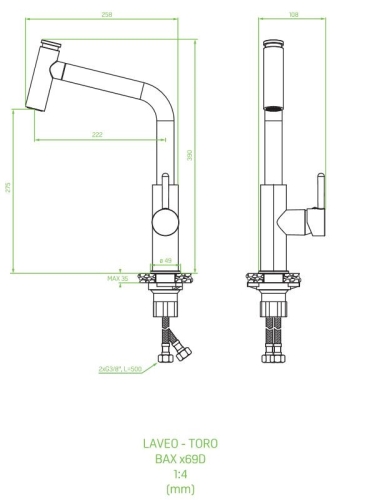 Laveo TORO kihúzható zuhanyváltós mosogató csaptelep, matt fekete BAX_769D