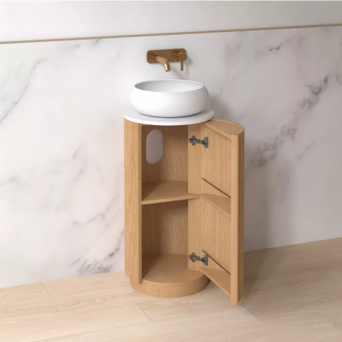 AREZZO design SORAYA 40 cm-es kerek, álló alsószekrény, fehér mosdópulttal, 1 ajtó, tölgy AR-81300240LO