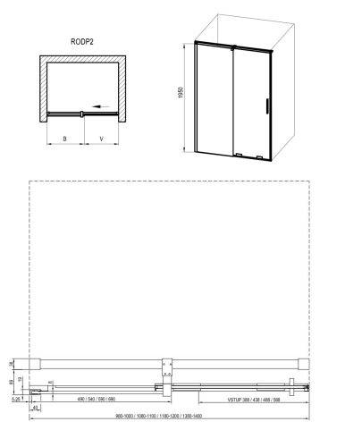 Ravak Roll 140 cm zuhanyajtó Transparent üveggel, fekete X08VM0300Z1