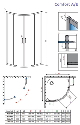 H2O Comfort Black A 90x90 cm íves zuhanykabin, fekete 10229090-54-01 (19672)