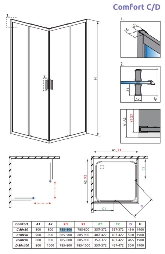 H2O Comfort Black C 80x80 cm szögletes zuhanykabin, fekete 10238080-54-01 (19673)