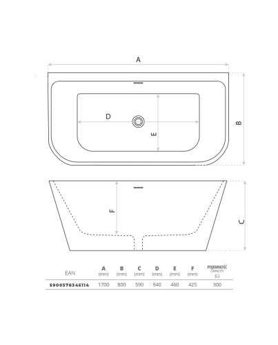 Lavita Elias szabadonálló kád falhoz 170x80 cm, fehér 5900378345114