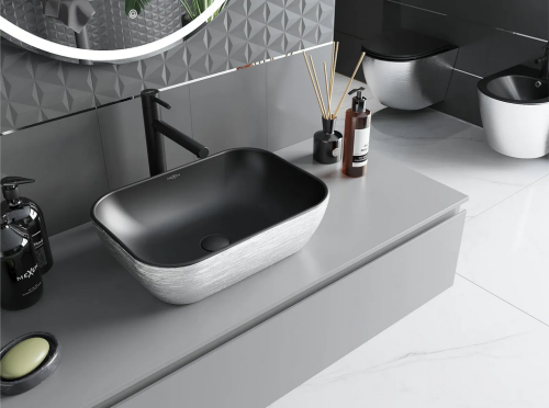 Mexen Rita pultra ültethető mosdó 45x32 cm, matt fekete/ezüst vonal mintával 21084573