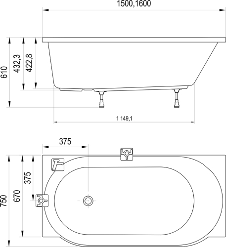 Ravak ARC 150x75 cm balos egyenes kád, fehér CE61000000