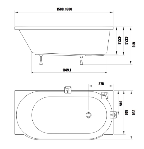 Ravak ARC 150x75 cm jobbos egyenes kád, fehér CE71000000