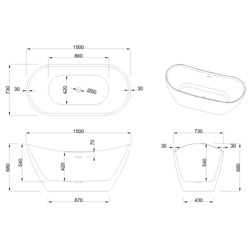 Invena ASTRI 150x73 cm szabadon álló kád, fehér AN-03-150-F