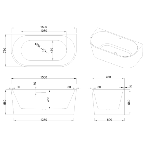 Invena ASTRI 150x75 cm falhoz tolható szabadon álló kád, fehér AN-03-15U-F
