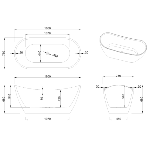 Invena ASTRI 160x75 cm szabadon álló kád, fehér AN-03-160-F