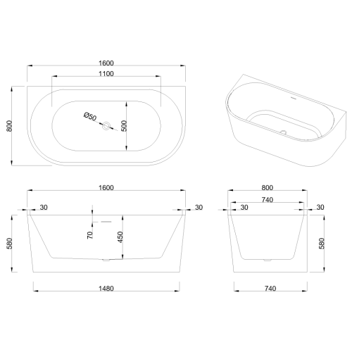 Invena ASTRI 160x80 cm falhoz tolható szabadon álló kád, fehér AN-03-16U-F
