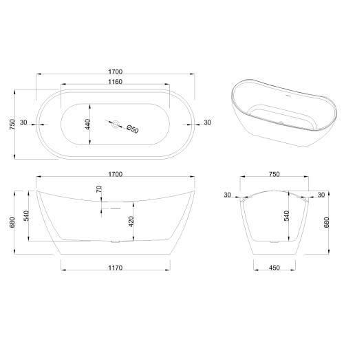 Invena ASTRI 170x75 cm szabadon álló kád, fehér AN-03-170-F