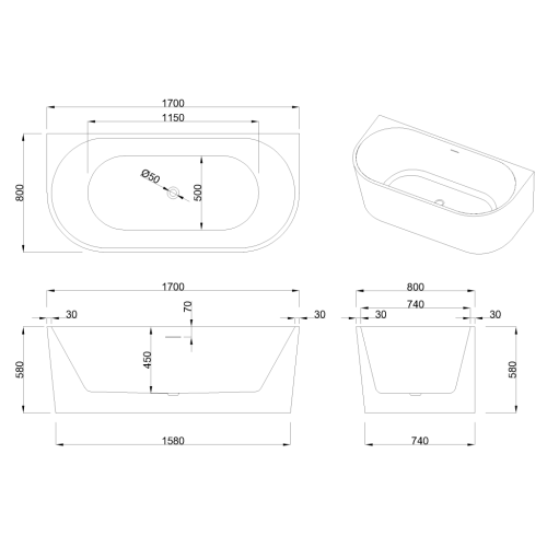 Invena ASTRI 170x80 cm falhoz tolható szabadon álló kád, fehér AN-03-17U-F