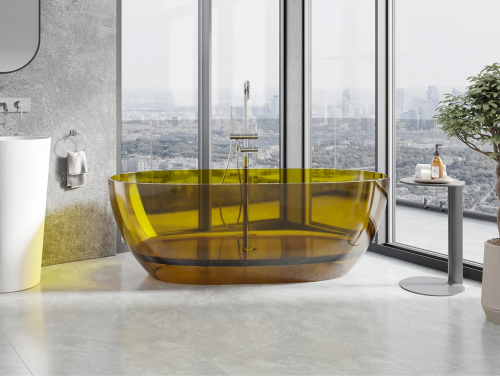 Mexen Pure earth szabadon álló áttetsző kád 170 x 80 cm, krómozott leeresztővel, sárga 58071708015