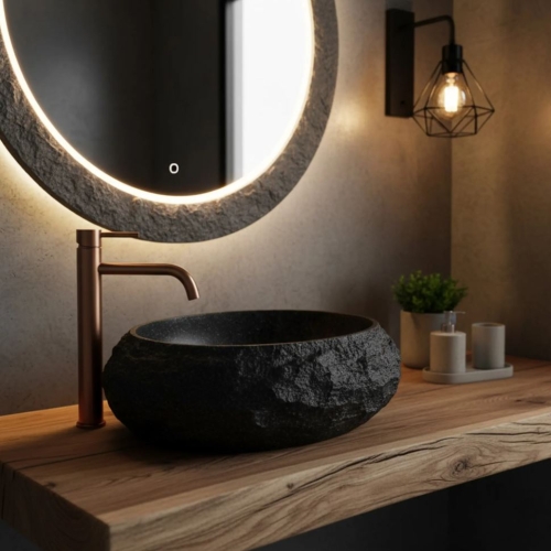 Rea Mika Black 50x38 cm pultra ültethető kőhatású mosdó, fekete REA-U4333