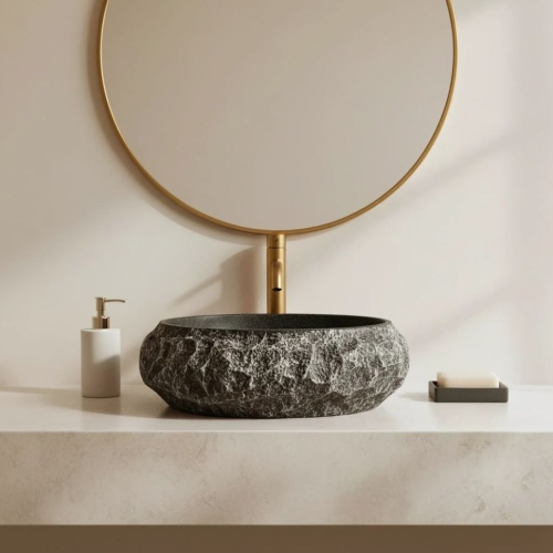 Rea Mika Gabro Black 50x38 cm pultra ültethető kőhatású mosdó, fekete REA-U0634